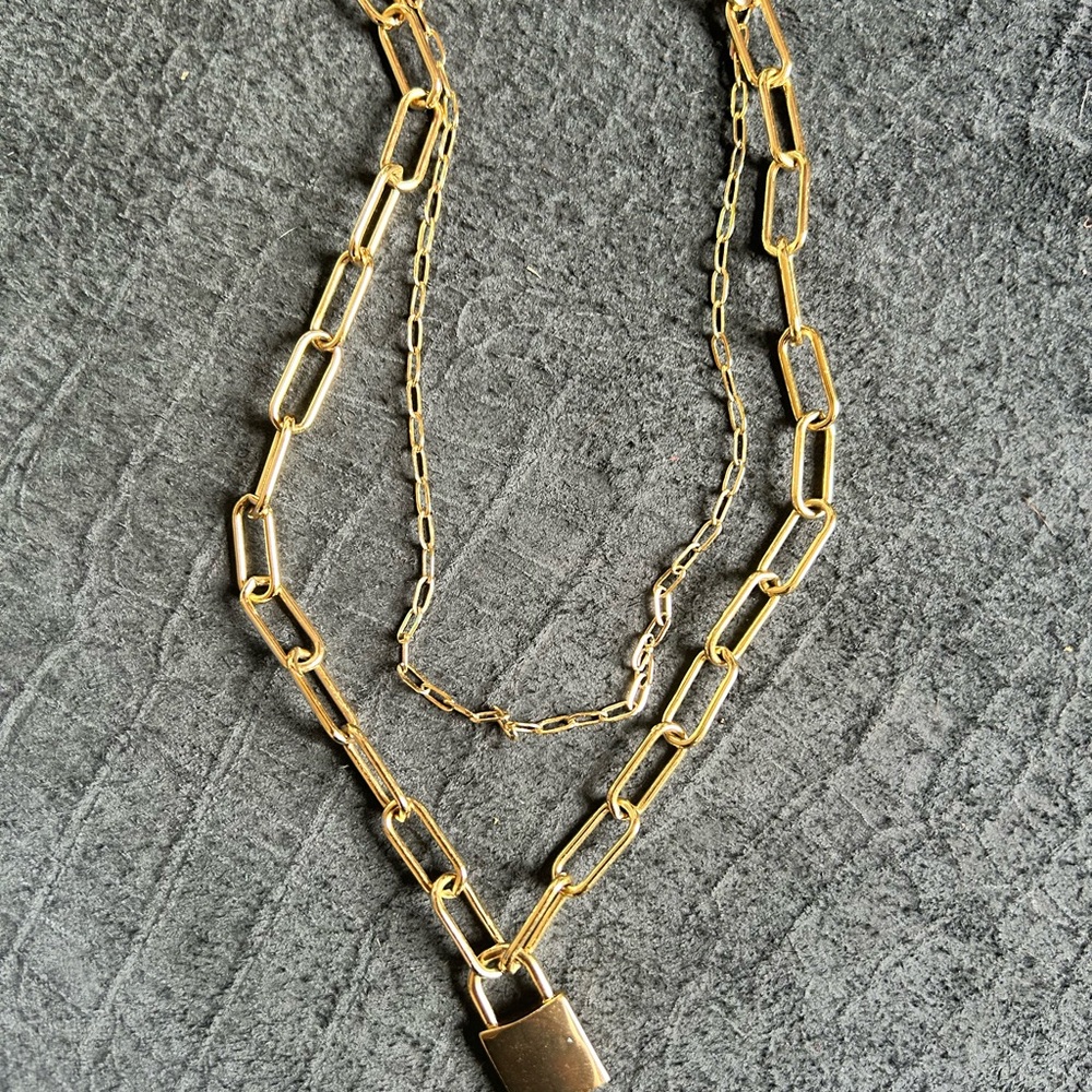 Gold Double Chain Necklace with Lock